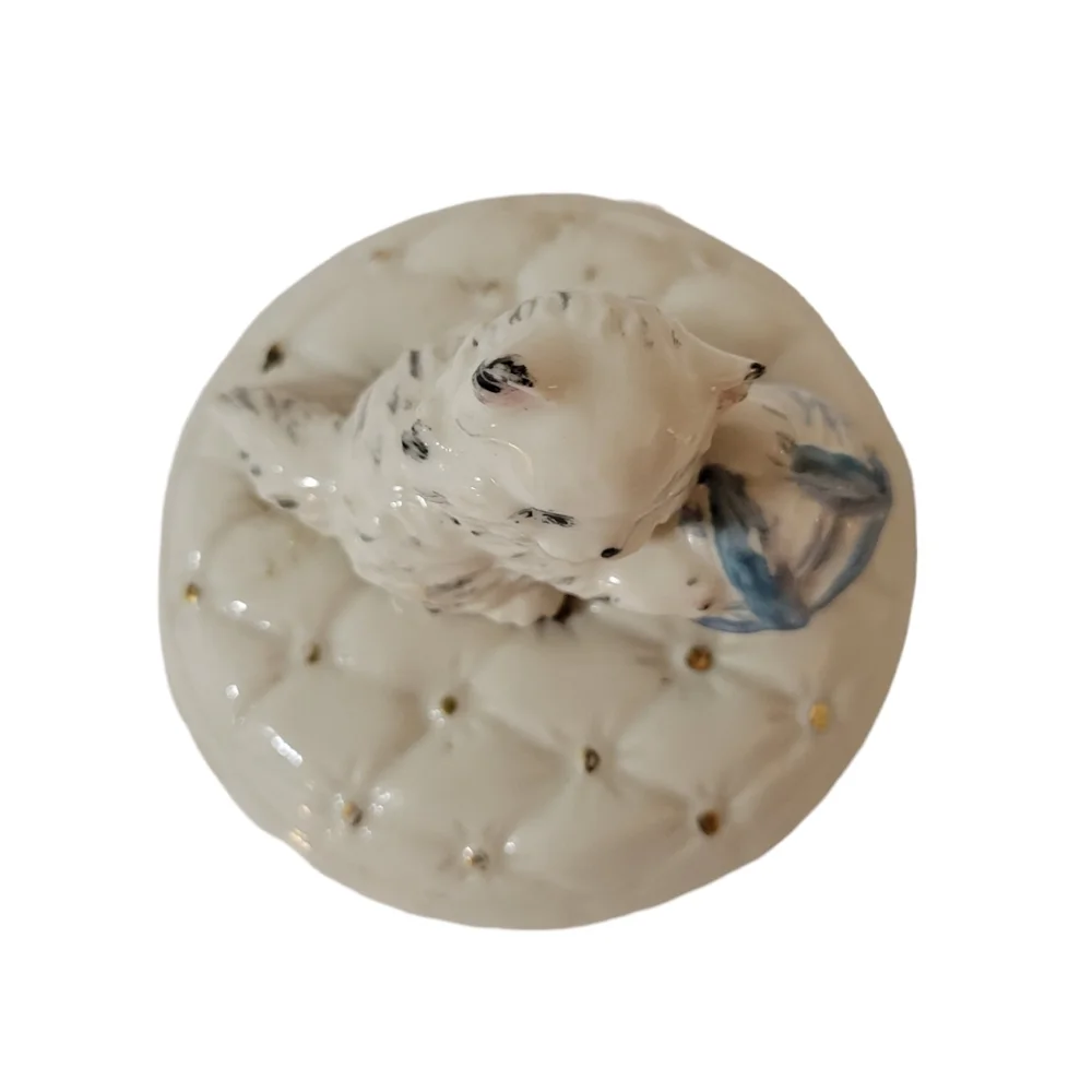 Vintage Cat on Pillow Trinket Box Ceramic